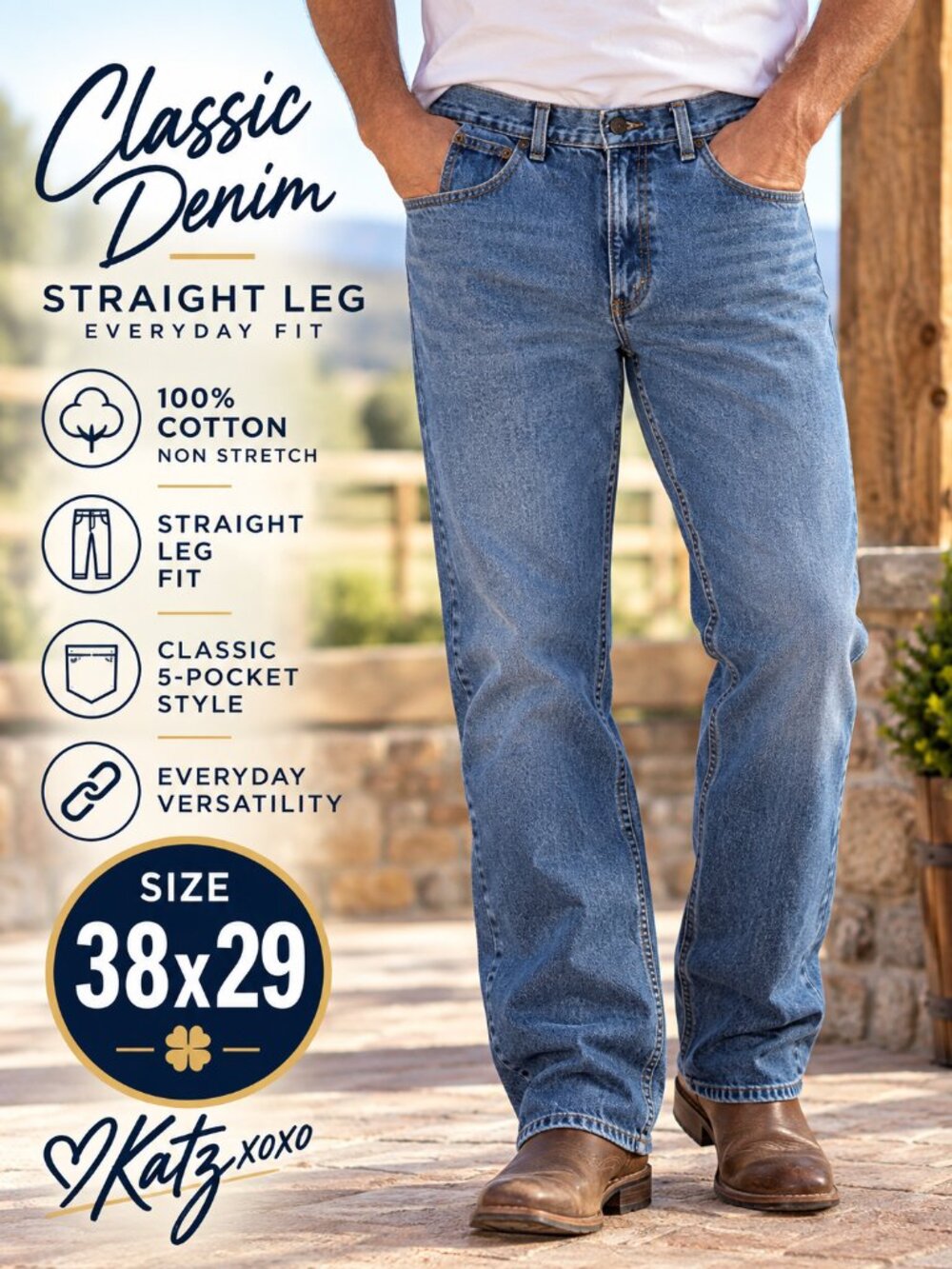 Men’s 38x29 Straight Leg Jeans 100% Cotton Non Stretch Medium Wash Denim 38W